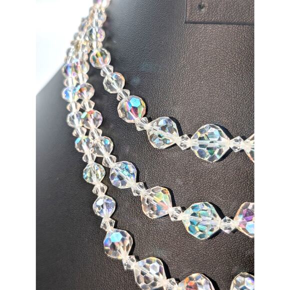 Vtg Graduated Three Strand Czech Faceted Clear & AB Crystal 13"-15.5" Necklace - Picture 3 of 8